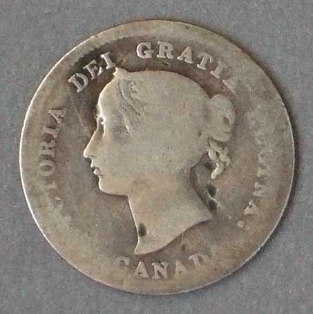 Color photo: Obverse view of 5 cent coin - Canada 1872