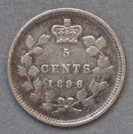 Color photo: Reverse view of 5 cent coin - Canada 1896