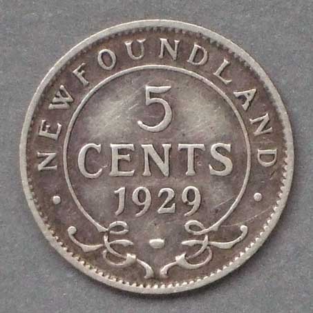Color photo: Reverse view of 5 cent coin - Newfoundland 1929