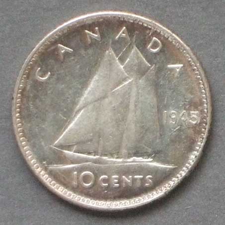 Color photo: Reverse view of 10 cent coin - Canada 1945