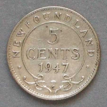 Color photo: Reverse view of 5 cent coin - Newfoundland 1947
