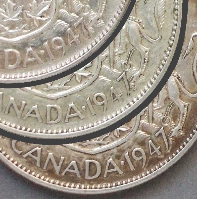 Color photo: Three segment image of 50 cent coin variants - Canada 1947