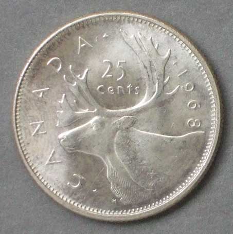 Color photo: Reverse view of 25 cent coin - Canada 1968