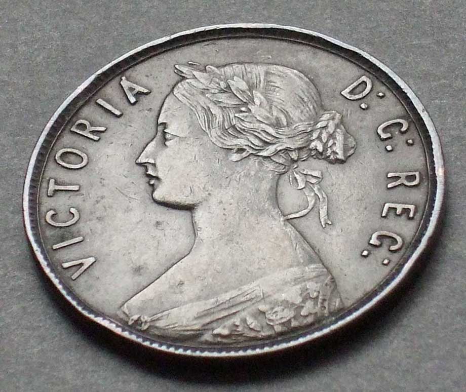 Color photo: Oblique view of 1865 Newfoundland large cent