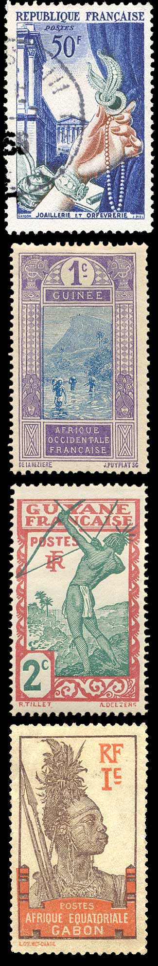 Color scan: Postage stamps of France, French Guinea, French Guiana, Gabon