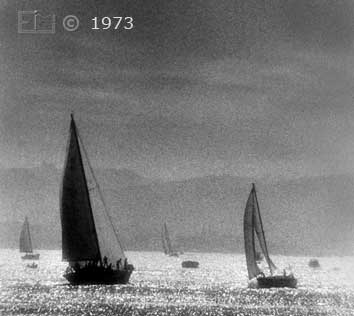 B/W infrared photo: View of sailboats on San Diego Bay - Embedded text: 1973