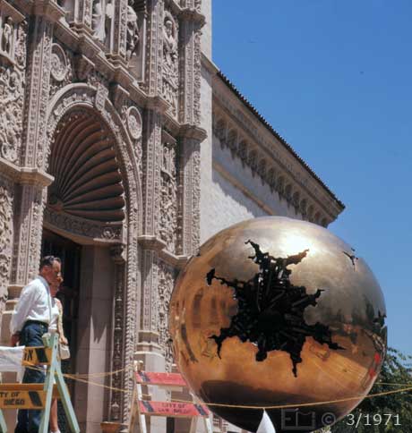 Color photo: Metallic sphere, piece of art' adjacent to Fine Arts Museum enterance - Embedded text: 3/1971