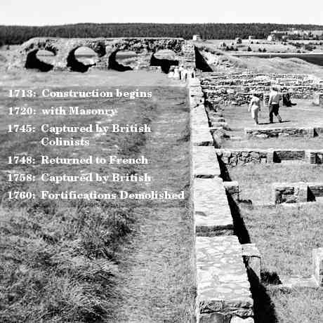 Tourists walking through ruins  
	    Embedded Text:
		1713: Construction begins
		1720: with Masonry
		1745: Captured by British Colinists
		1758: Captured by British
		1760: Fortifications Demolished