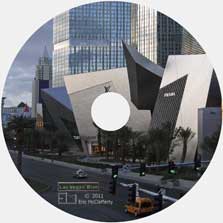 Color photo:  DVD photo-disc label showing new Las Vegas Blvd buildings as seen fron pedesrian overpass