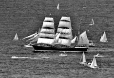 B/W photo: The oldest iron-hulled merchant sailship still afloat, under full sail