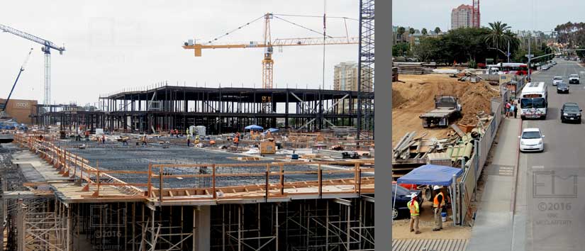 Two views of construction and La Jolla Village Drive, from pedestrian overpass