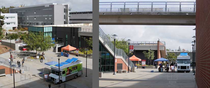 2 pane: Elevated and ground level views of food truck in patio area
