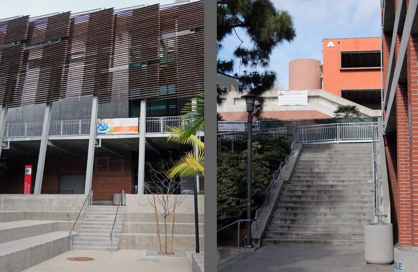 Two pictures of different staircases viewed from ground level