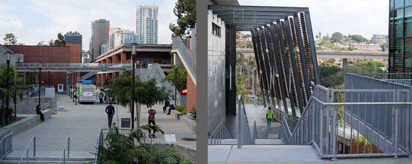2 panes: Views in opposite directions with top of same staircase as base of both portrait format pictures