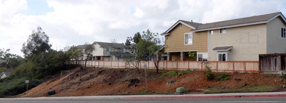 Homes behind fence, cleared area in front of fences with heavy brush in the distance, on left on imaage