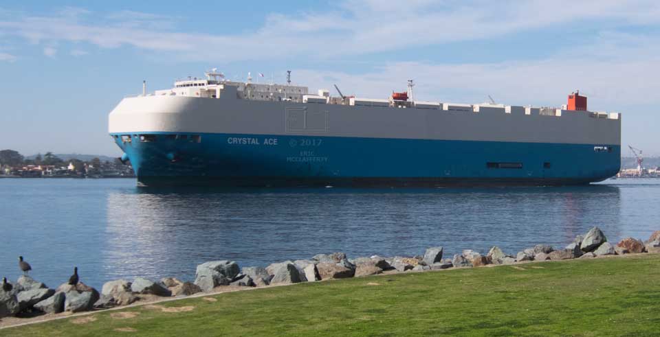 View off grass, birds on a rock breakwater and a huge vehicles carrying ship passing by on the water