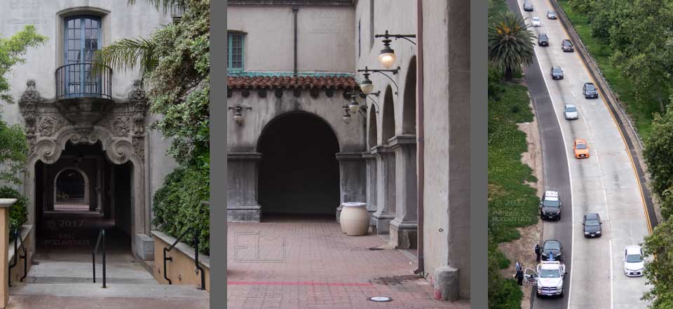 Three images: Two of a balcony and archways and one looking down on freeway of car being towed