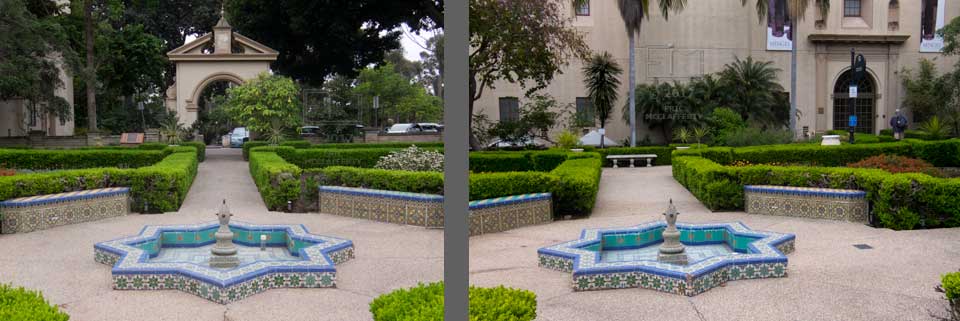 Two images of another Moorish tile fountain and benches viewed from different angles