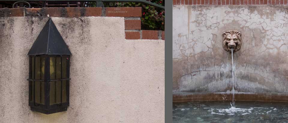 Close-up images (2) of 2nd level lamp and lower level fountain