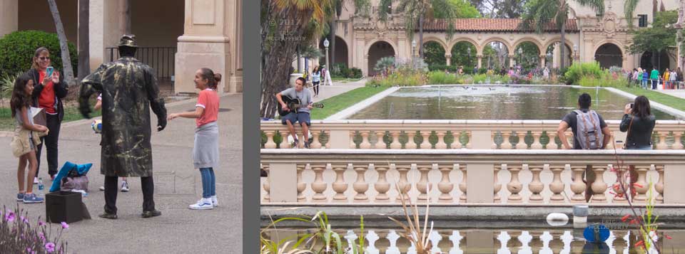 Images (2) of bronze painted clown entertaining passing youngsters and guitarist singing on Lily Pond walkway