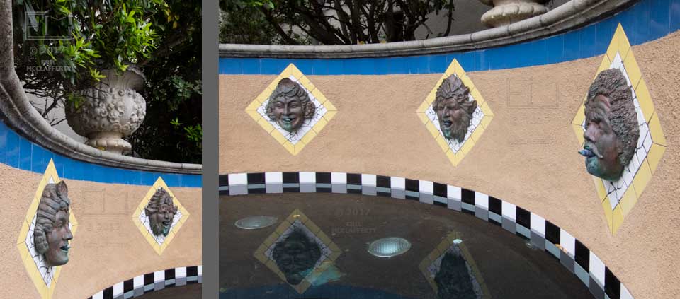 Two images of fountain with 3 sculpturesque actors faces being fountainheads