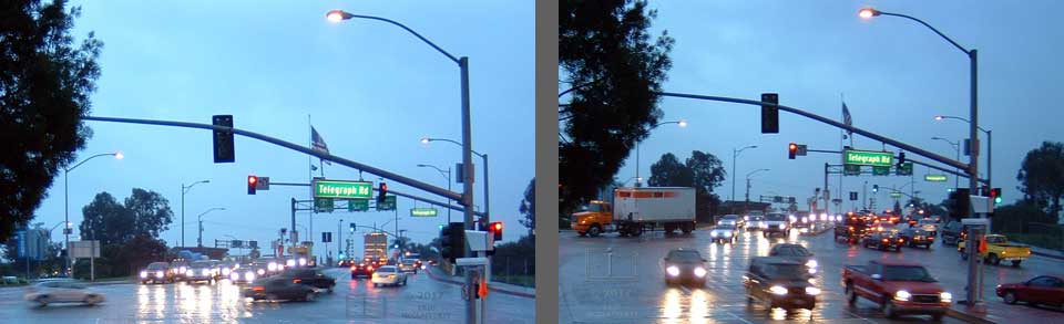 Two twilight, rainy views of an intersection's traffic