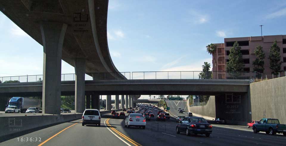 A straight stretch coming up with 2 I5 overpasses under the overhead freeway