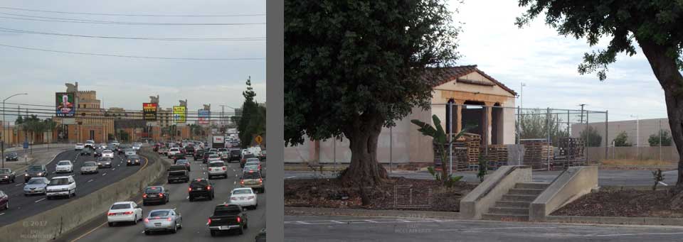 Two Panes: view of freeway traffic from an overpass - Parking lot view of abandoned, fenced off building with 2 trees and stairs in foreground