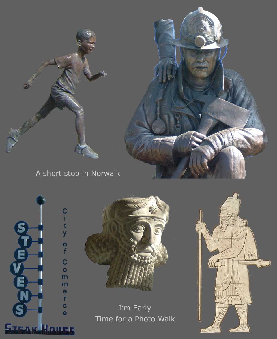 Montage of extracted running child statue, fireman statue, restaurant sign and 2 Assyrian motif sculptures - Embedded text: A short stop in Norwalk - I'm Early; Time for a Photo Walk