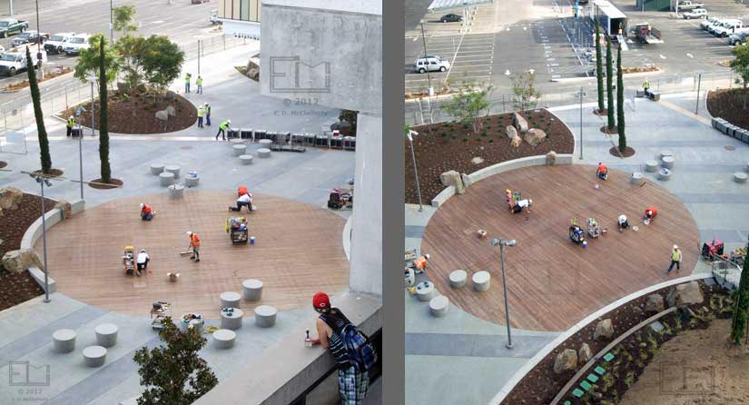 Two pane overview of workers finishing wooden plaform