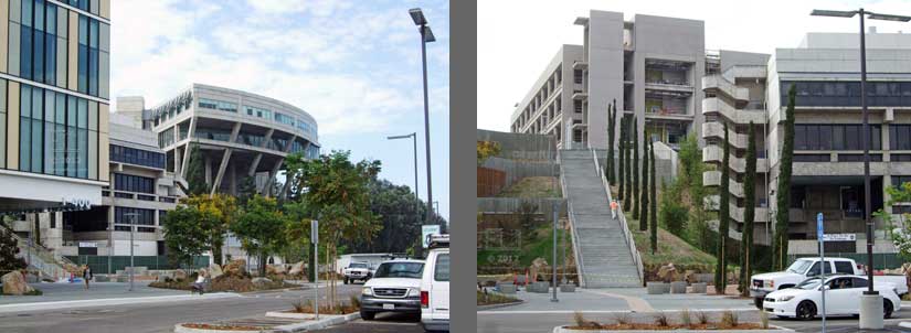 Two pane view of new and old buildings from parking lot