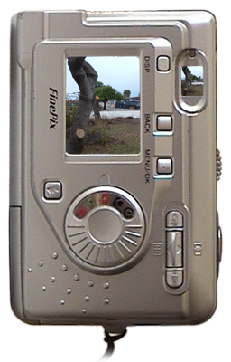 Rear view of camera with images in viewfinders