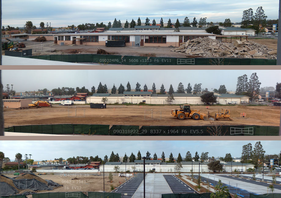 3 panoramic images > old WEST CITY Campus building before demolition > empty field after building gone > the new parking lot replacing old building