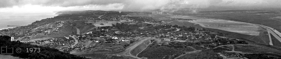 B/W photo - Panoramic view looking north from Mount Soledad; encompassing Script's Pier to I5 - Embedded text: 1973