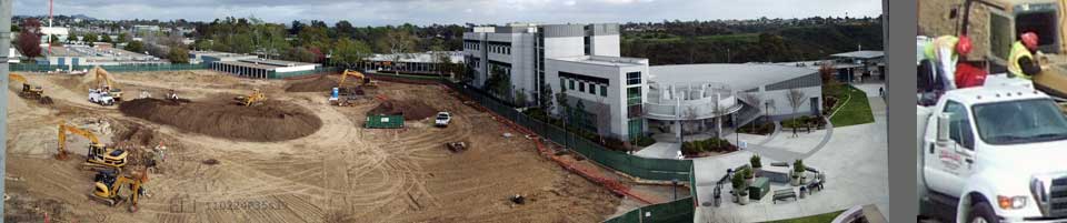 2 image pane > 1: High, wide view of Mesa College, empty field on left 2: Cropped from #1, construction workers and white pick-up truck