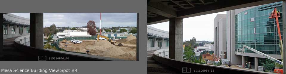 2 image pane > 1: Window view of open construction area in foreground and Mesa College buildings in background  2: Same view with new Science Building replacing open construction area
