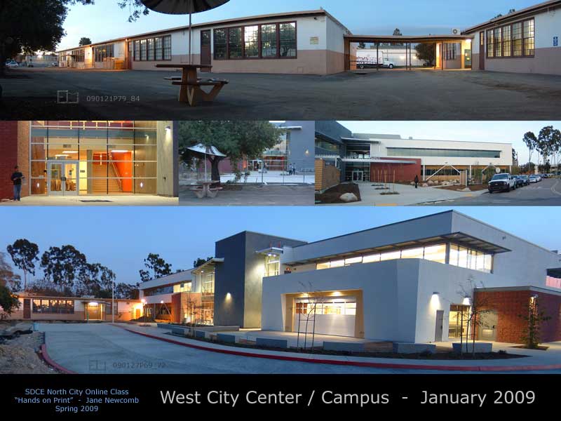 January 2009 Collage depicting old, before demolition, and new buildings of SDCE West City Center/Campus