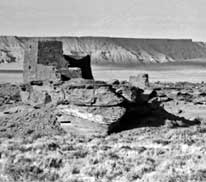 B/W photo: Distant view of ruin and its surroundings