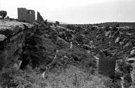 B/W photo: Ruins on mesa above square tower ruin in canyon below