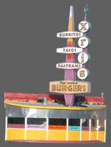 Color photo: View of fast food outlet with distracting surroundings grayed out