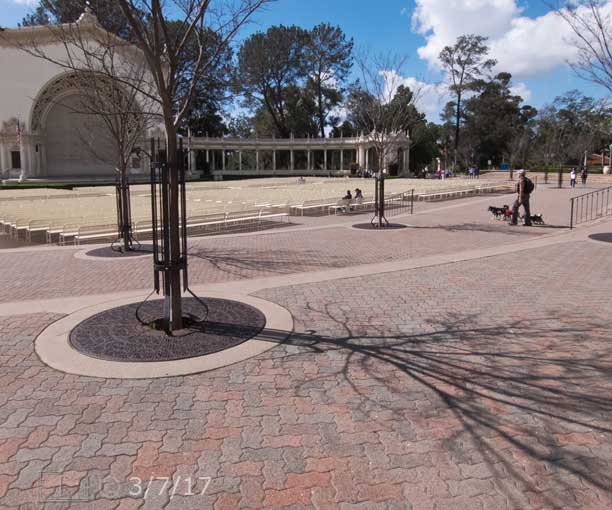 Color photo: Wide view of Sprckels Organ Pavillion with close view of paving stones in foreground - Embedded text: 2/26/17
