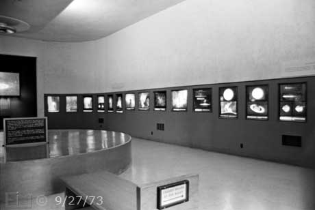 B/W photo: Wide angle (28mm) interior view of Palomar Museum - Embedded text: 9/27/73