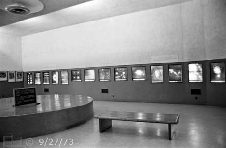 B/W photo: Wide angle (28mm) interior view of Palomar Museum - Embedded text: 9/27/73