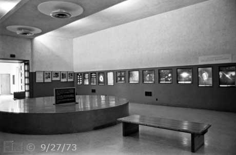 B/W photo: Wide angle (28mm) interior view of Palomar Museum - Embedded text: 9/27/73