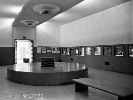 B/W photo: Wide angle (28mm) interior view of Palomar Museum - Embedded text: 9/27/73