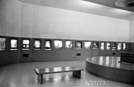 B/W photo: Wide angle (28mm) interior view of Palomar Museum - Embedded text: 9/27/73