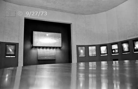 B/W photo: Wide angle (28mm) interior view of Palomar Museum - Embedded text: 9/27/73