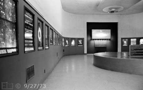 B/W photo: Wide angle (28mm) interior view of Palomar Museum - Embedded text: 9/27/73