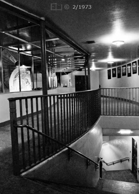 B/W photo: Hale Telescope observation level and stairway down to entrance - Embedded text: 2/1973