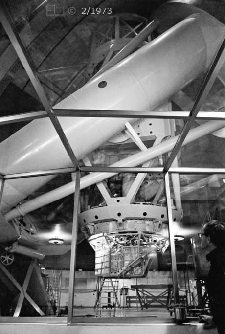 B/W photo: Selfie with Hale Telescope - Embedded text: 2/1973